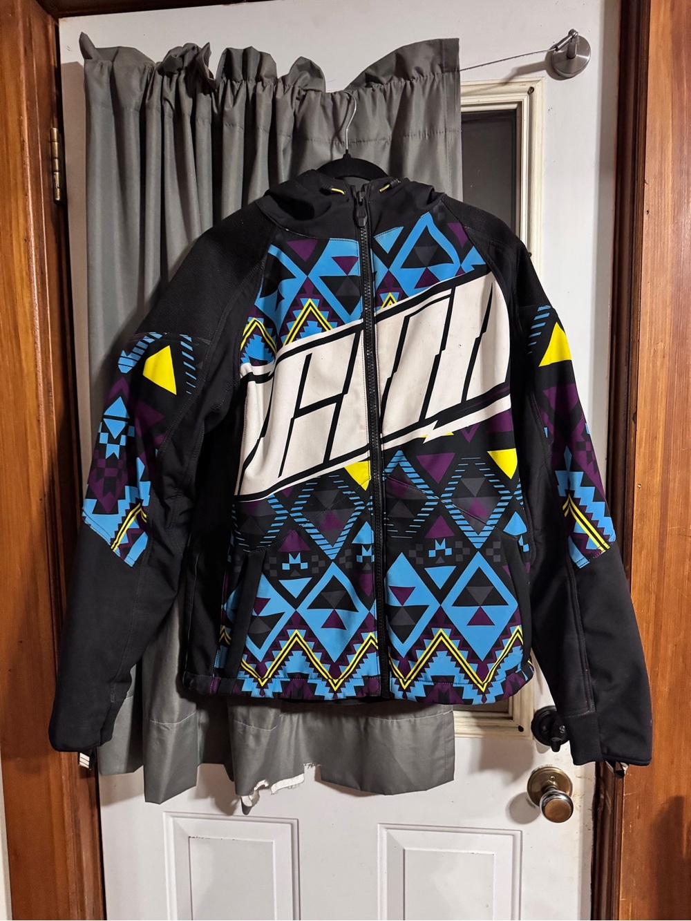 ICON Black Jacket with Blue, Purple, Yellow & White Geometric Panels